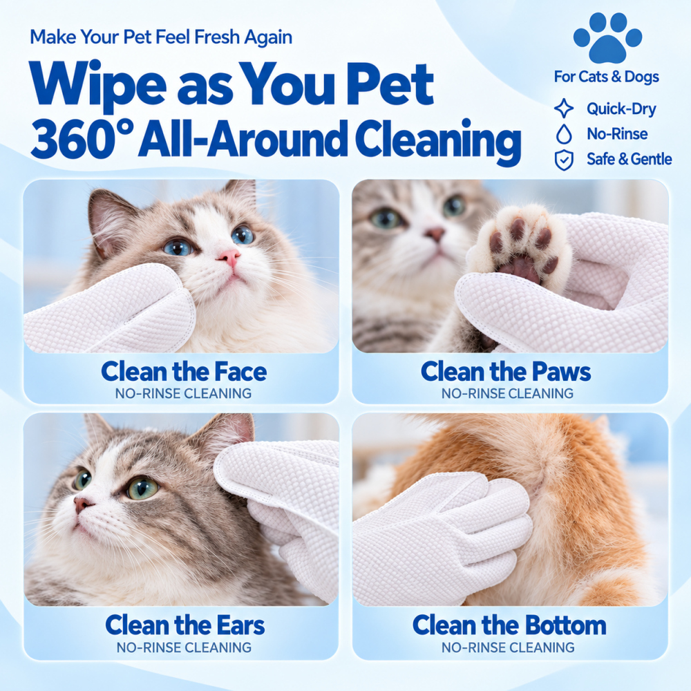 Waterless Pet Cleaning Gloves – No-Rinse, Soft & Disposable for Cats & Dogs