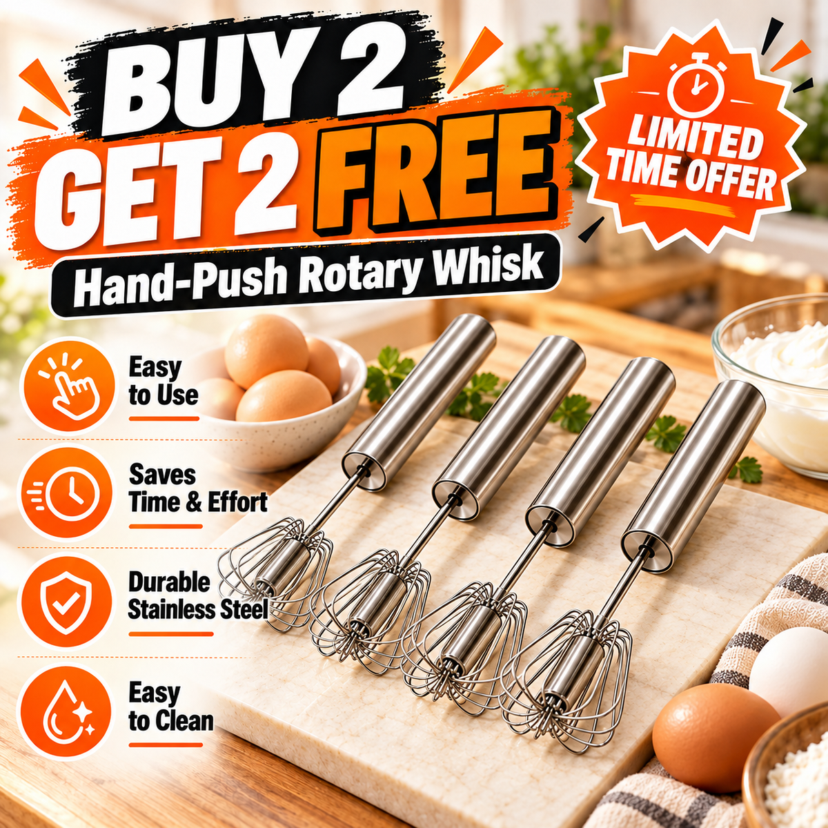 🥚 2-Pack Hand-Push Rotary Whisk – Press, Spin & Mix with Ease